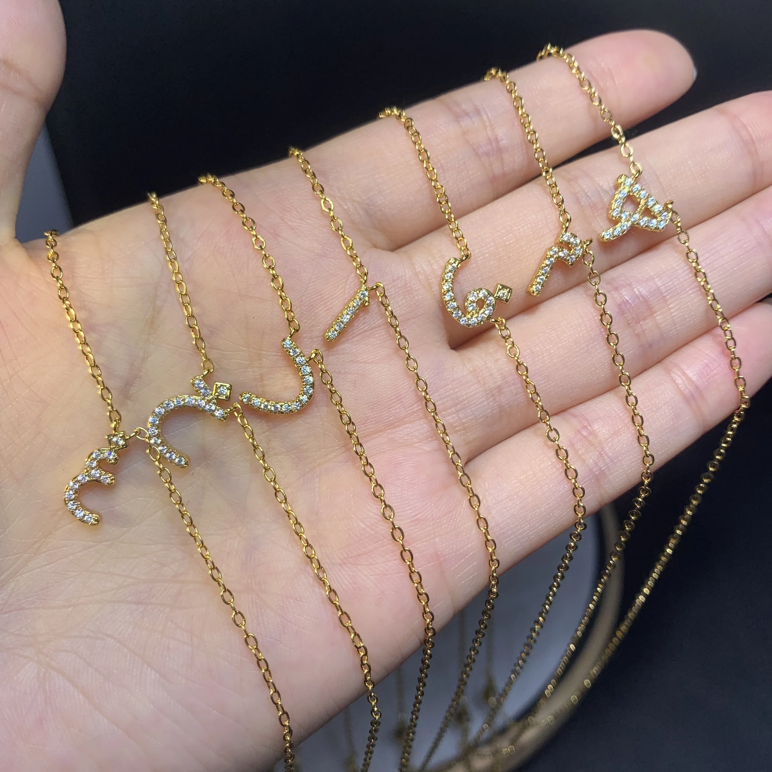 Gold Color Minimal Delicate Fashion Girl Women Jewelry Micro Pave CZ Alphabet Arabic Letter Charm Necklace