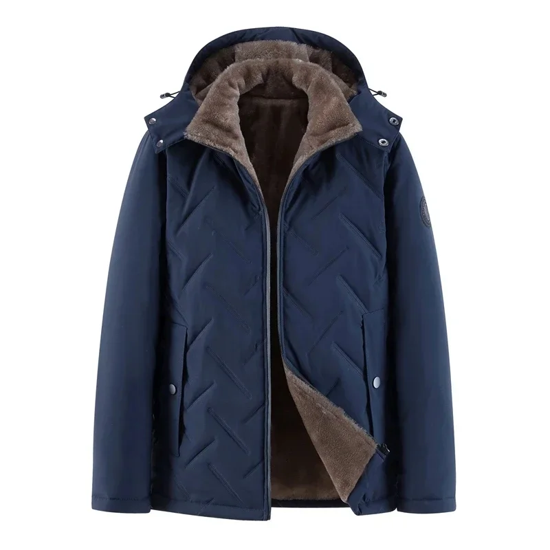 

High Quality Men Fleece Jacket Warm Outwear Navy Winter Parka Lined Thick Hooded Coat Plush Work Outwearing