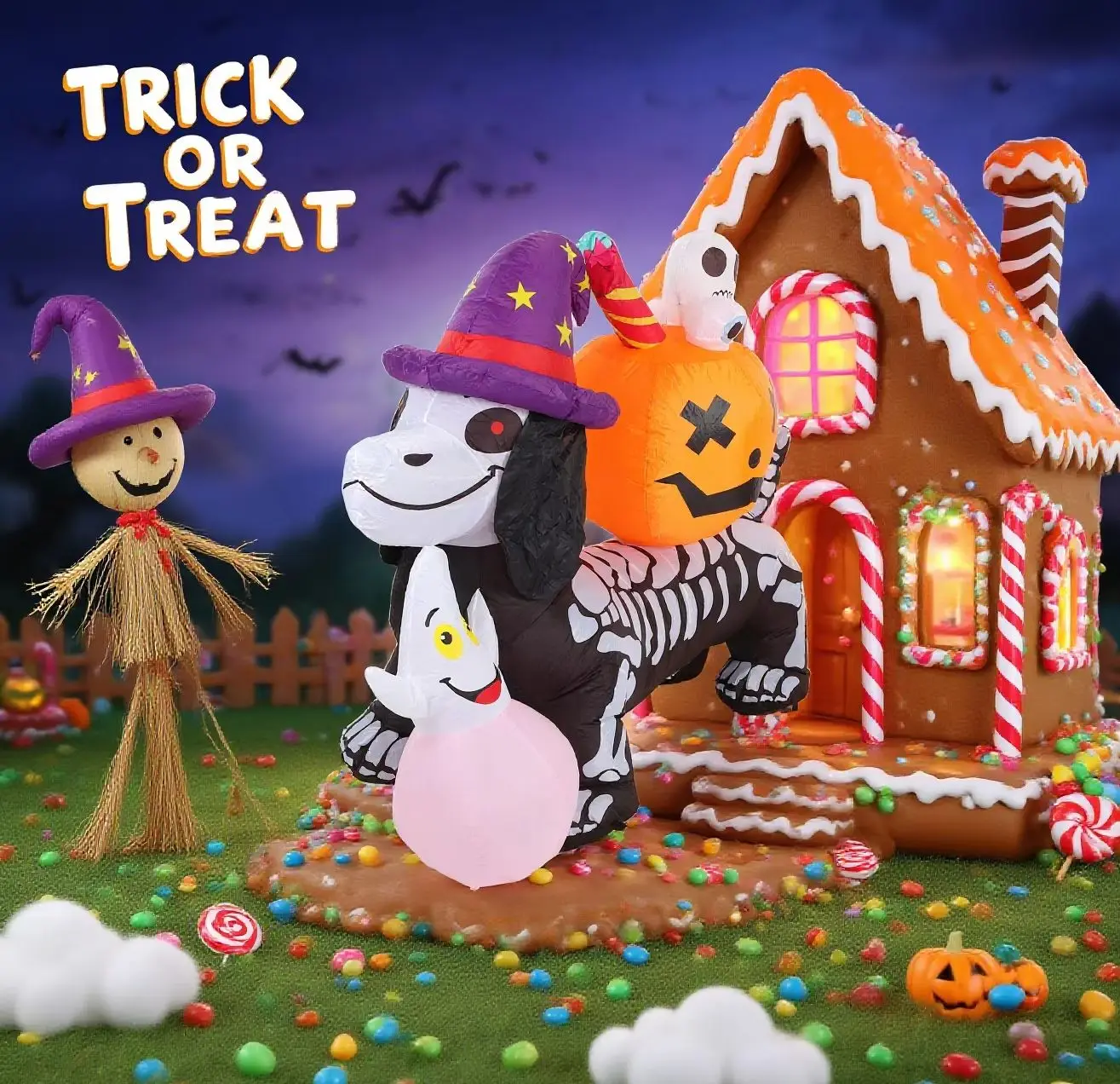 5ft / 1.5m Halloween Inflatable Skeleton Dog with Witch Hat, Pumpkin & Ghost, LED Light Up Yard Decoration