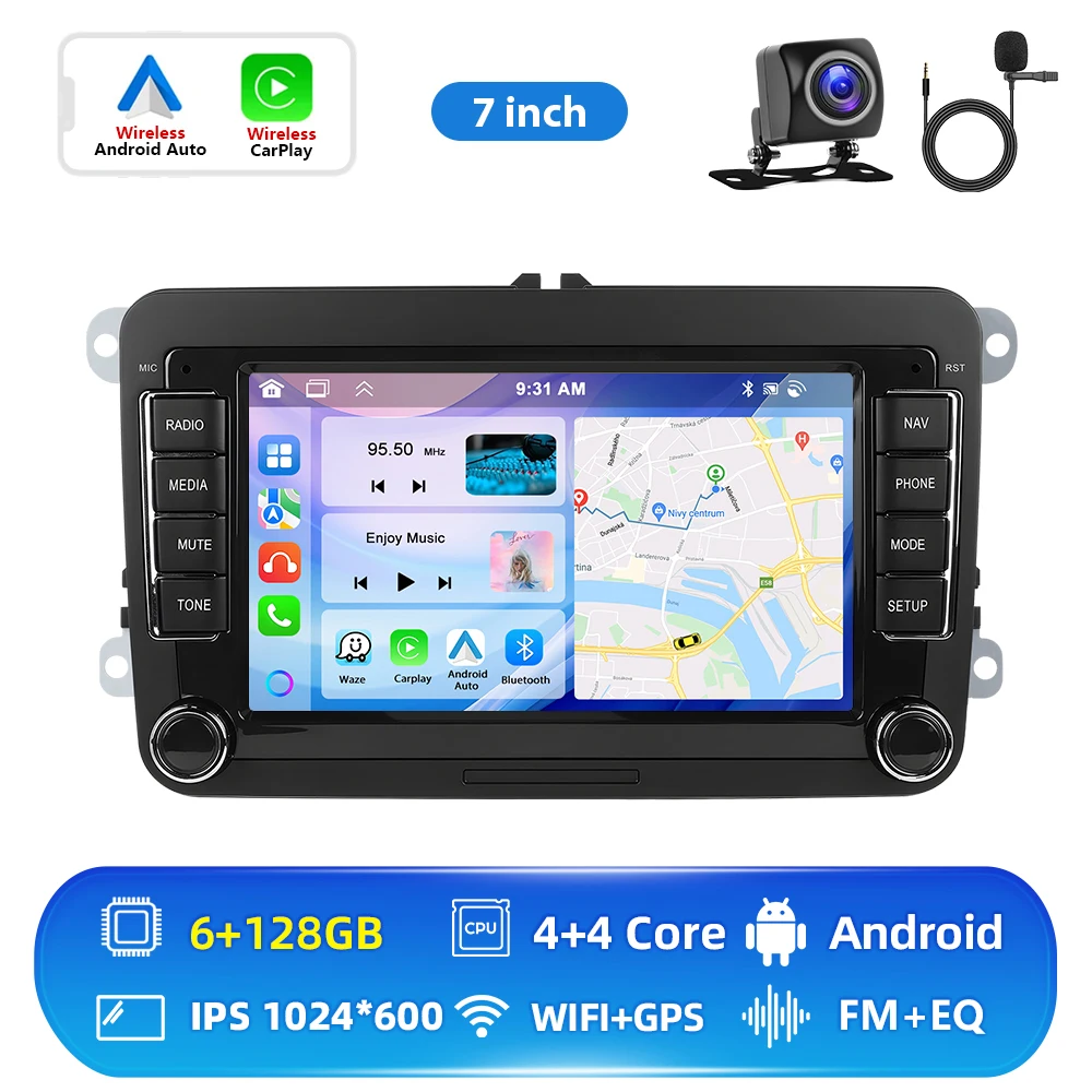 Podofo 6+128G Android 2Din autoradio met Carplay, Android Auto, GPS, FM-ontvanger, AI-stem, DSP voor VW, Seat, Skoda, PASSAT, GOLF - afbeelding 1