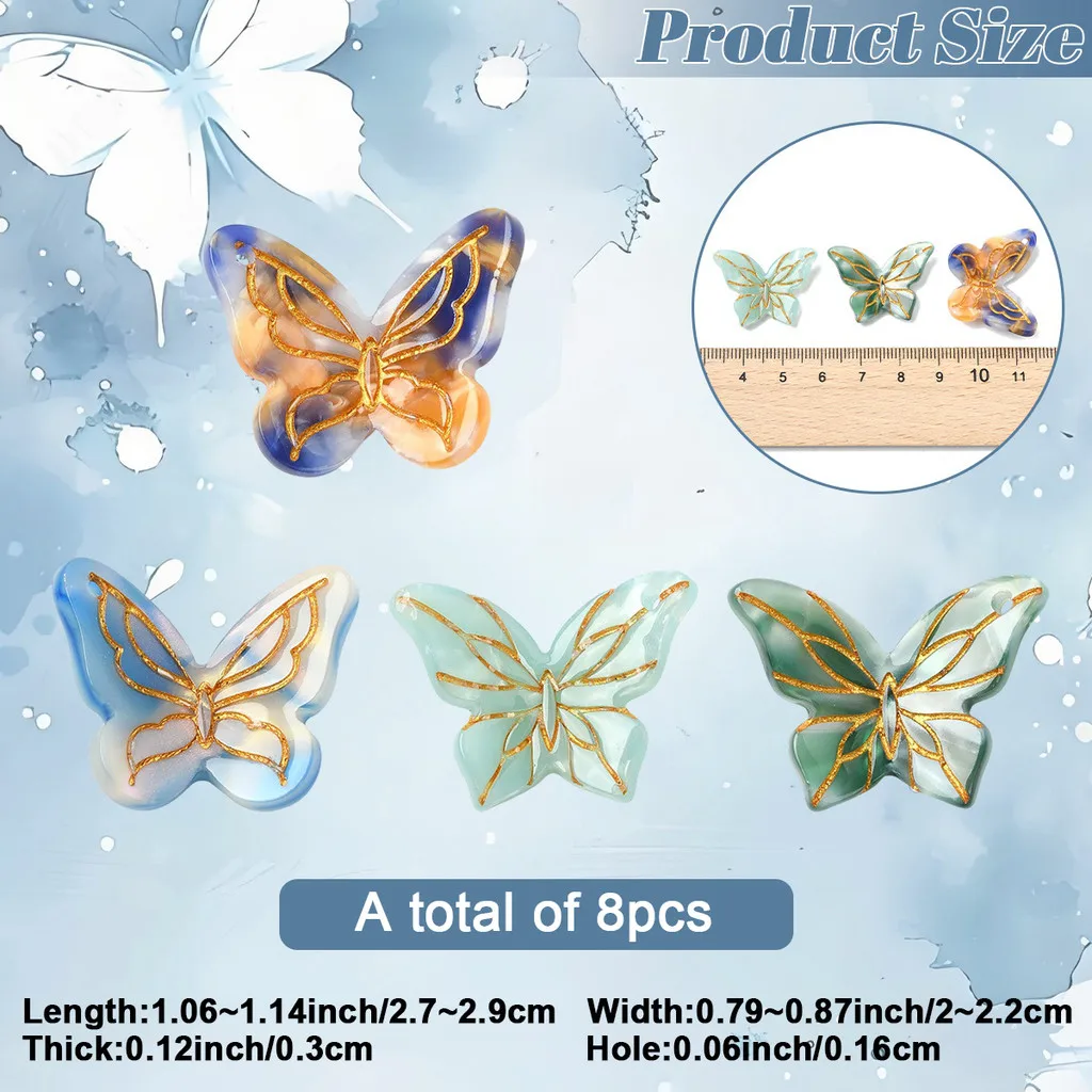 8Pcs Mixed Color Cellulose Acetate Resin Butterfly Pendants Metal Enlaced Charms DIY Keychain Jewelry Supplies