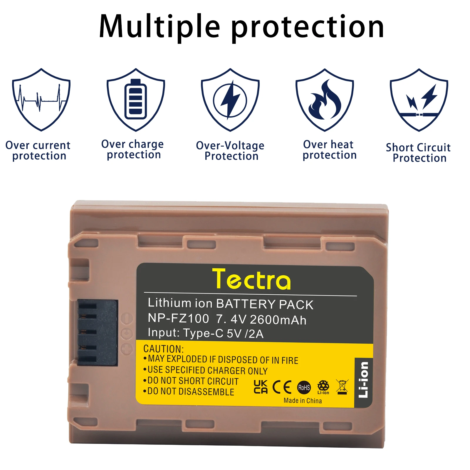 2600mAh NP-FZ100 Battery with Type C Charging Port for Sony Alpha A7 IV/A7 III/A7R V/A7R IV/A7R III/ZV-E1/A7C/A6600/FX3/A9 II