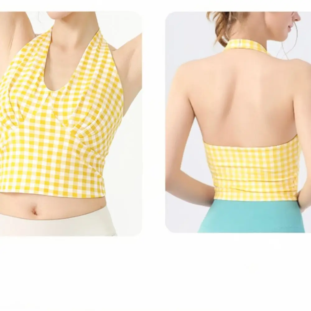 For Queang V Neck Plaid Halter Yoga Bra Slim Fit Cropped Tank Top Quick Dry Breathable Fitness Workout Running Vest