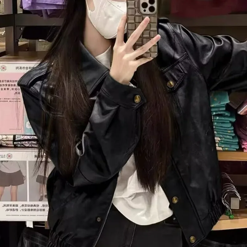 빈티지 홍콩 스타일 세련된 갈색 가죽 자켓 여성 의류 가을 겨울 Maillard Wear 하이 엔드 오토바이 자켓 탑