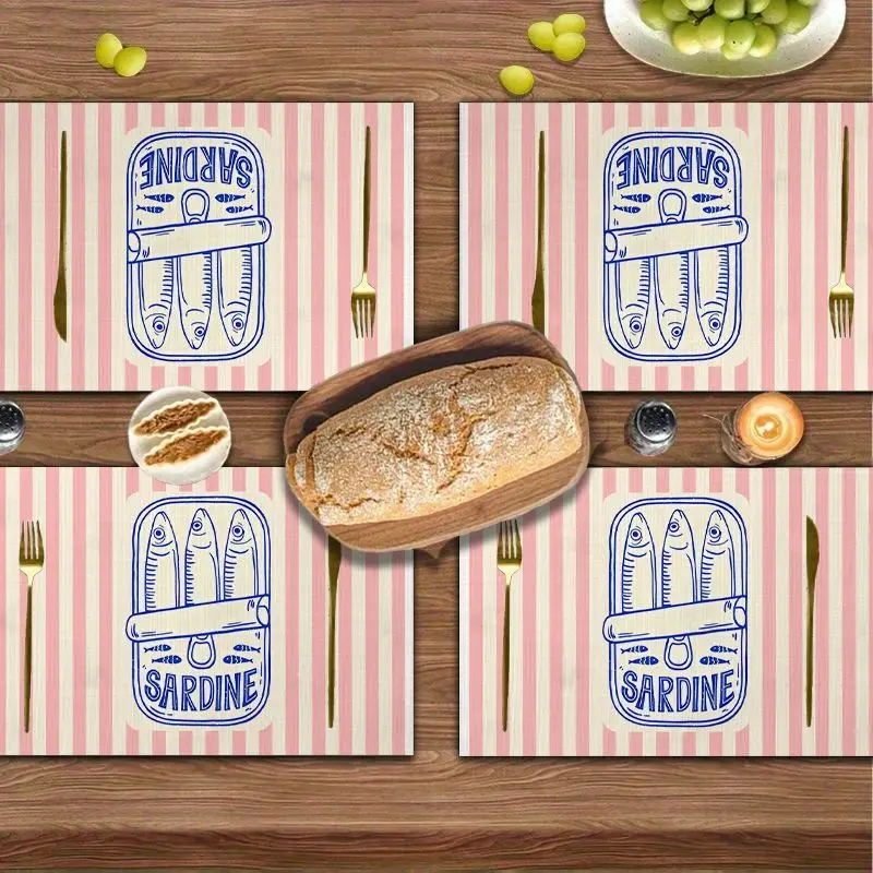 4Pcs, French Retro Sardine Placemats, the Best Placemats, Washable, Suitable for Holiday Parties, Home Decor, Kitchen Countertops, Rectangular Dining Rooms, Make Your Dining Room and Kitchen More Beautiful, a Birthday Gift and Housewarming Party Gift for Family and Friends