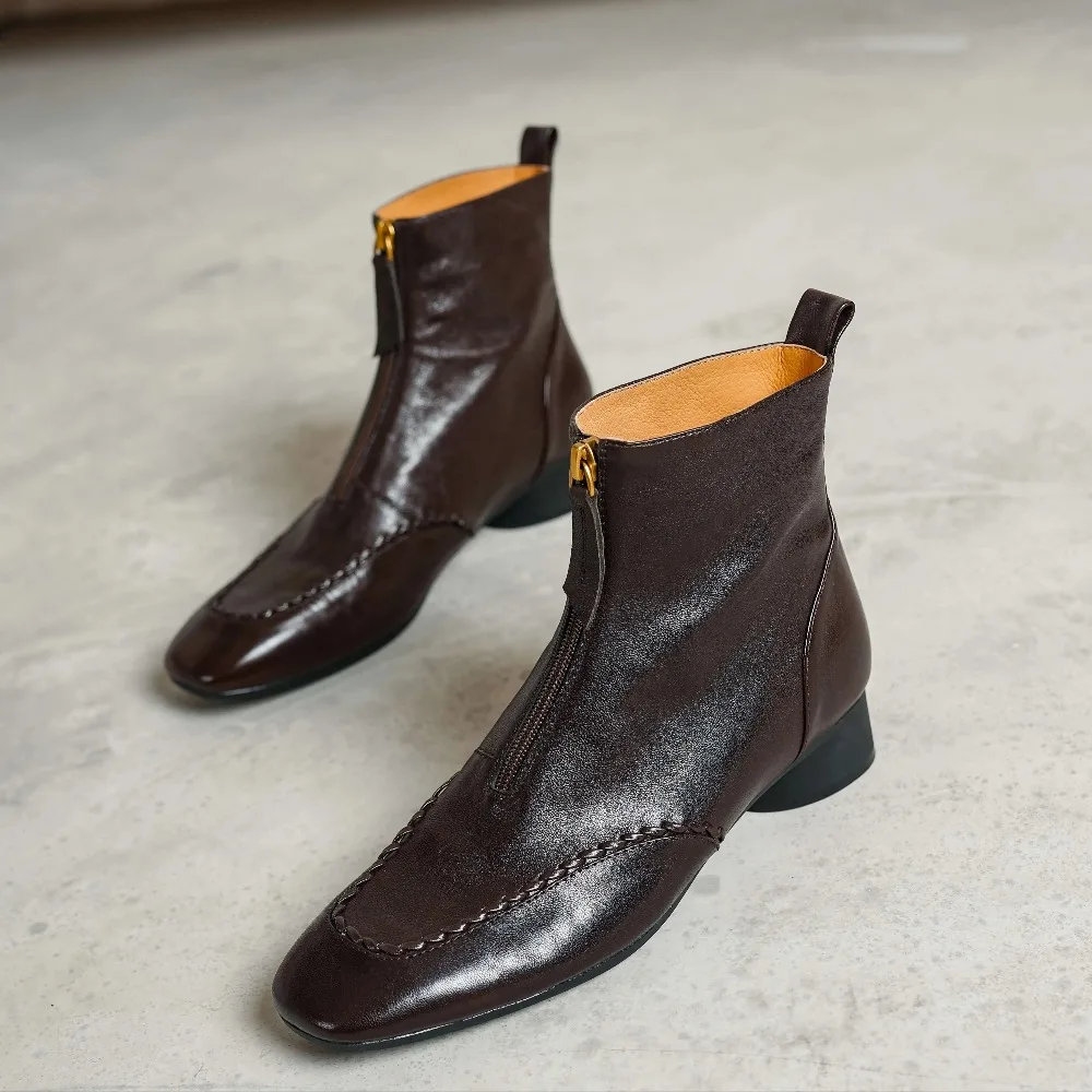 2026 New Cow Leather Square Toe Med Heels Motorcycle Chelsea Boots Retro Keep Warm Winter Shoes Brand Ruffles Ins Ankle Boots
