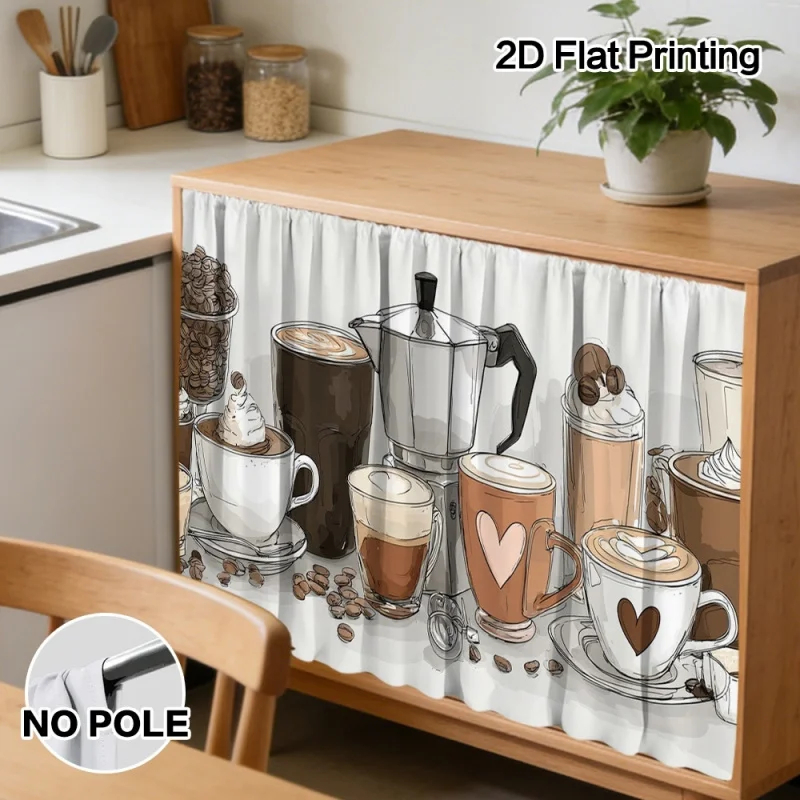VIKAMA Kitchen Cabinet Curtains Privacy Semi Transparent Coffee Bean Print Under Sink Shelf Decor
