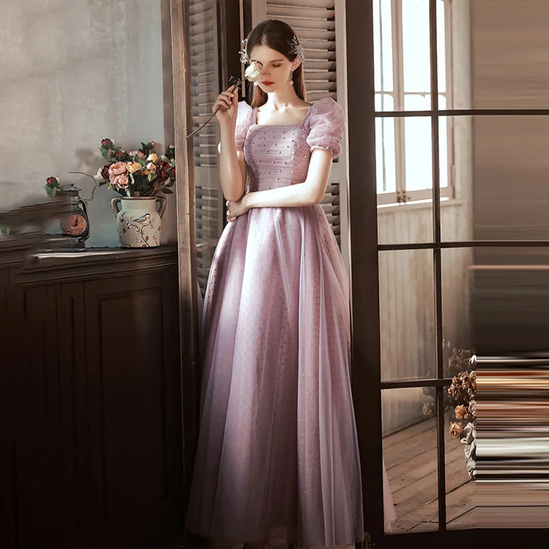 

New Arrival Square Collar Floor-Length Lace Up Tulle Pleat A-Line Formal Dress Elegant Short Sleeve Pink Dress Woman Party A2789