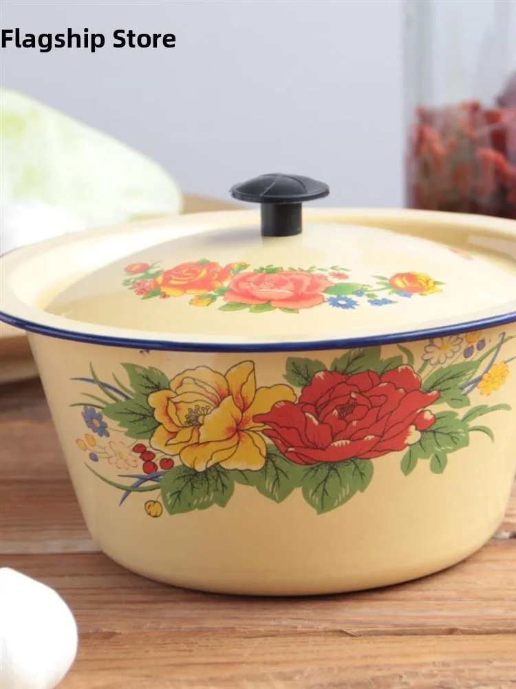

Retro Style Enamel Basin Pork Fat Seasoning Bowl with Lid Vintage Handwashing Basin round Shape Dishware for General Use