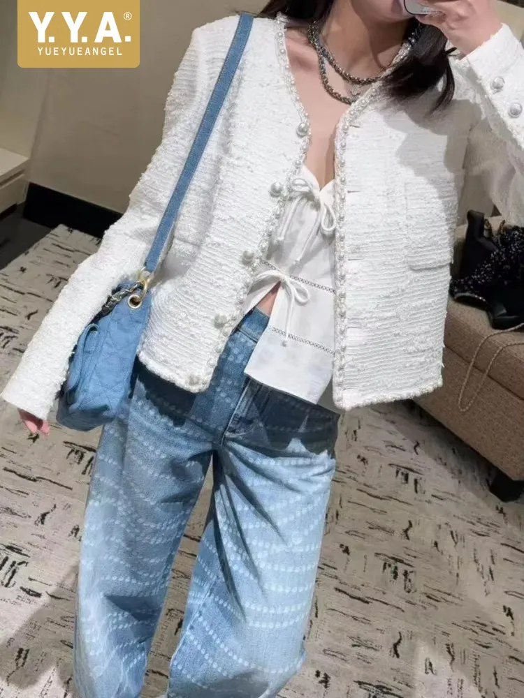 Elegant Single Breasted Solid Color Jacket Office Ladies Pearl Pocket Coat Fashion Round Neck Long Sleeves Straight Outwear