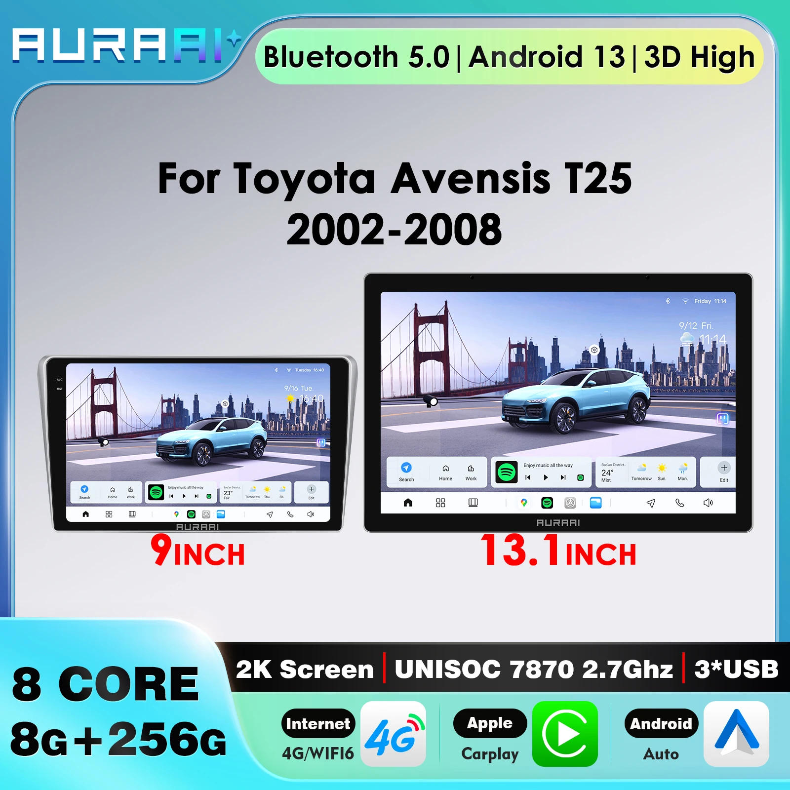 

2din 8G + 256G Android Auto GPS Carplay Автомагнитола для Toyota Avensis 2002-2008 с 3D UI Интеллектуальный сенсорный экран OBD DAB 360cam