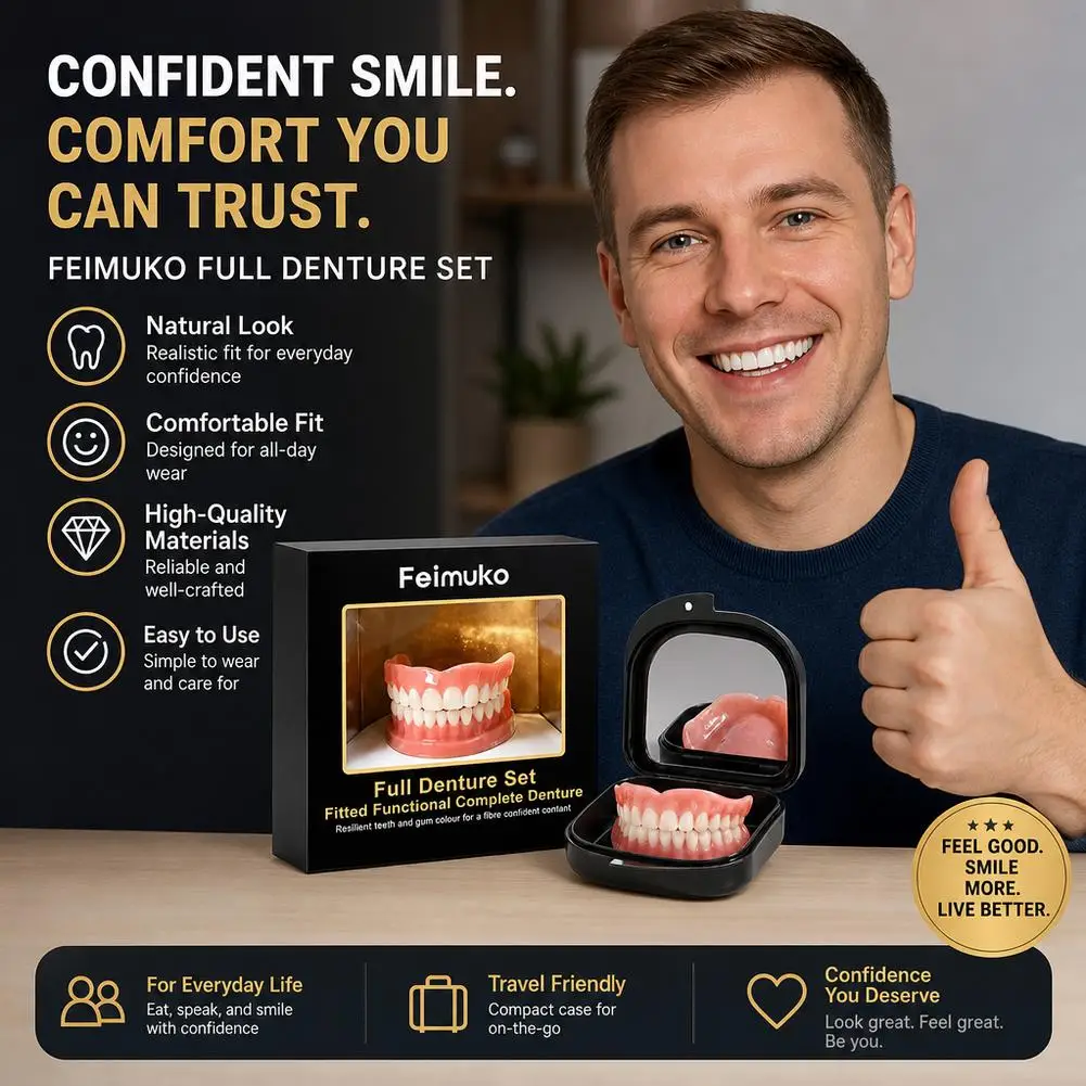Premium Custom Upper & Lower Full Mouth Silicone Dentures, Lifelike Natural Teeth All-Day Comfort Boost Confidence & Oral Care