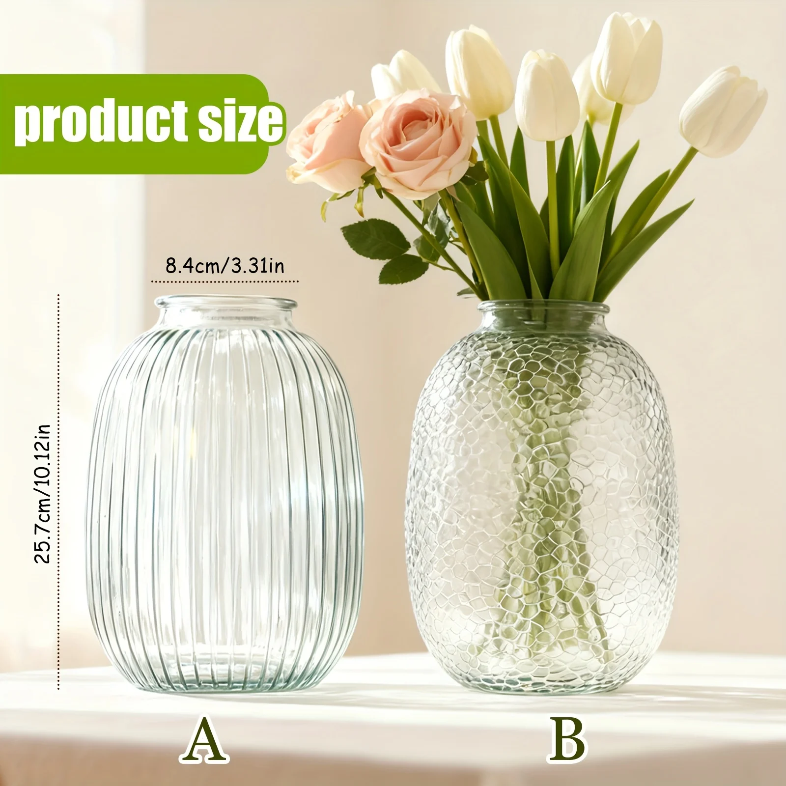 Large-Mouth Glass Vase with Stripe or Hammer Texture - Modern Cylindrical Glass Flower Vase for Home Centerpiece, Wedding