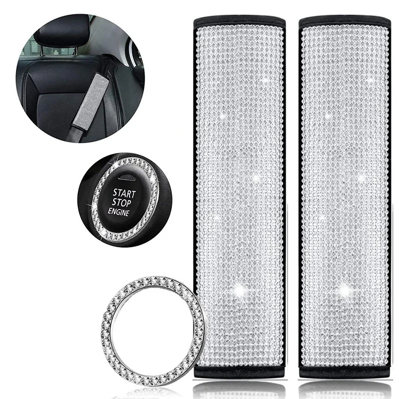 Car Diamond-Studded Seat Belts Shoulder Pads Car Crystal Rhinestone Start Button Ring Stickers Car Interior Accessories