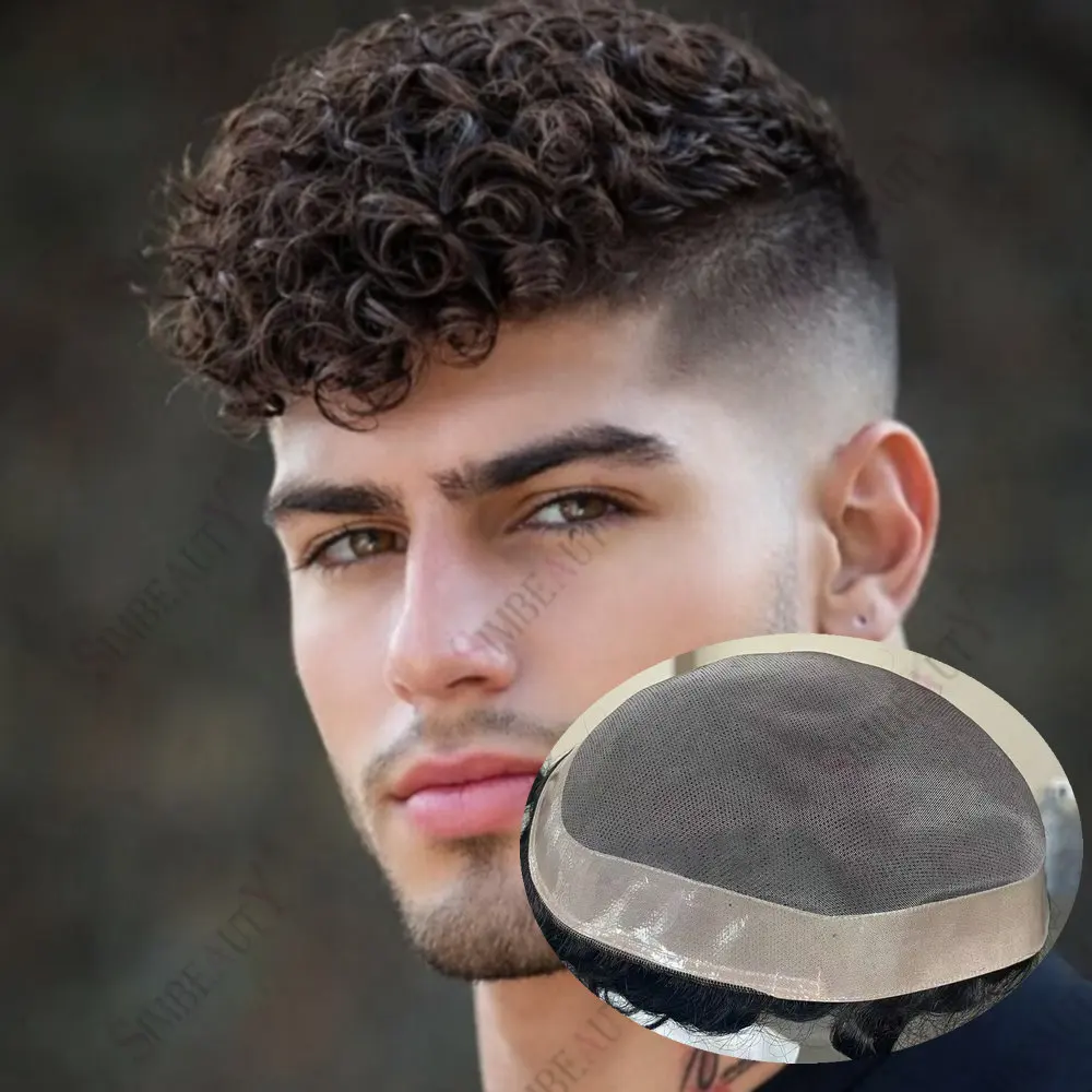 

Men's 18mm/20mm Curly Toupee Human Hair Male Hair Replacement Capillary Prosthesis Breathable Durable Mono NPU Base 15mm Curly
