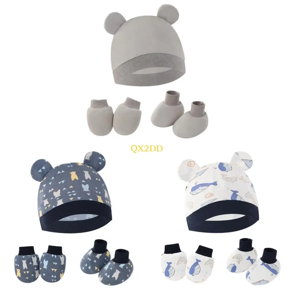 

QX2D Cotton Bonnet Caps and Mittens Gloves with Matching Socks for Newborns, Fashionable Baby Hat Hospital Hat and Gloves
