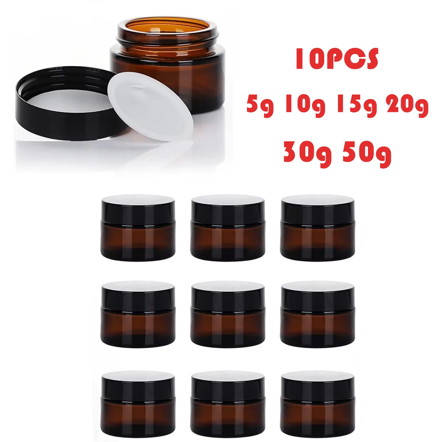 10pcs 5g-50g Amber Brown Glass Cosmetic Jar Face Cream Bottles Portable Travel Face Cream Cosmetic Container Accessories