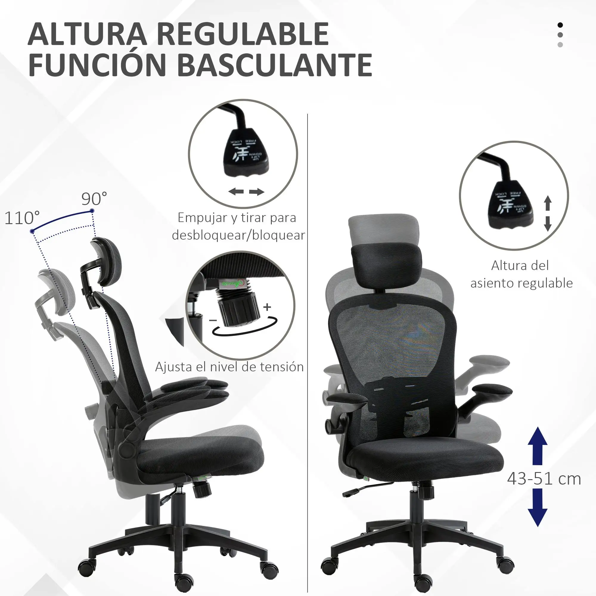 Chaise de bureau ergonomique noire 62x64x112-120cm, dossier haut en maille, fonction d'inclinaison, réglage en hauteur, support pour la tête et le bas du dos