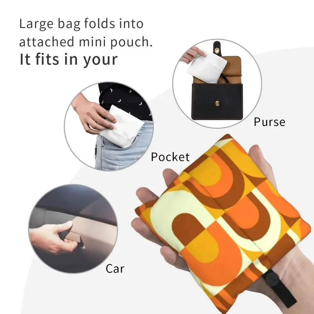 70s Pattern Retro Inustrial In Orange And Brown Tones Shopping Bags Portable Large Groceries Geometric Colorful Tote Bags