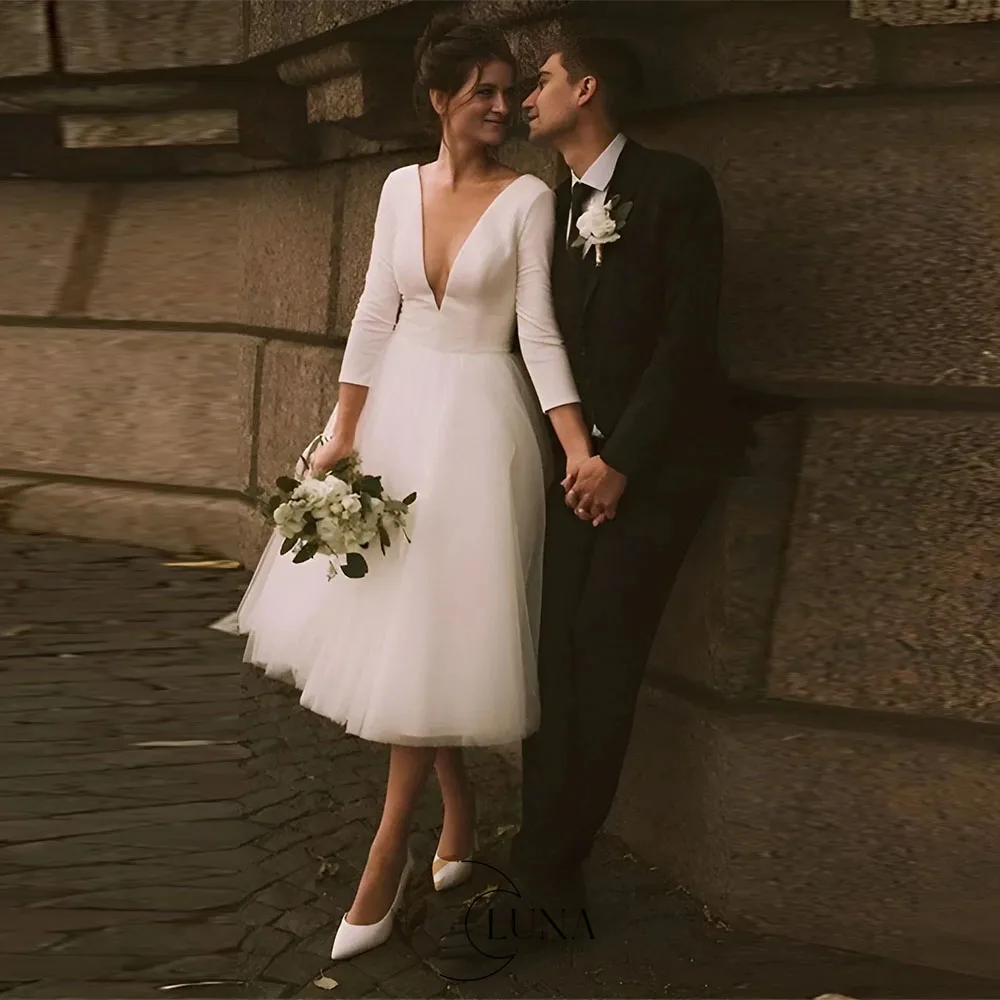Luna Tee-Länge Standesamtliches Hochzeitskleid Robe De Mariee Maßgeschneidert V-Ausschnitt Lange Ärmel Gürtel A-Linie Brautkleid