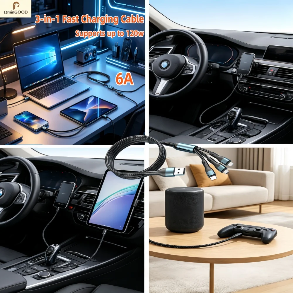 120W 6A 3 in 1 Braided Fast Charging Cable USB C Micro USB Charger Cord For iPhone Samsung Xiaomi Huawei Fast Charge Data Line