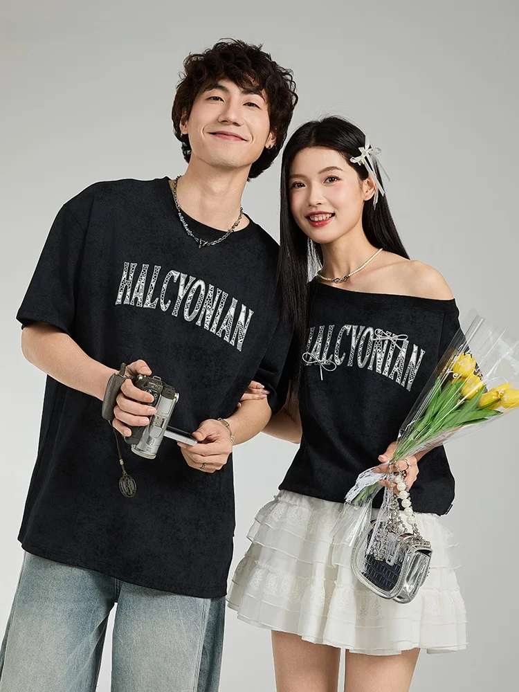 Casual Style Couple Matching Short Sleeve T-Shirts Men's Women's Slant Shoulder Design Breathable Cotton Quick Dry Print Tees