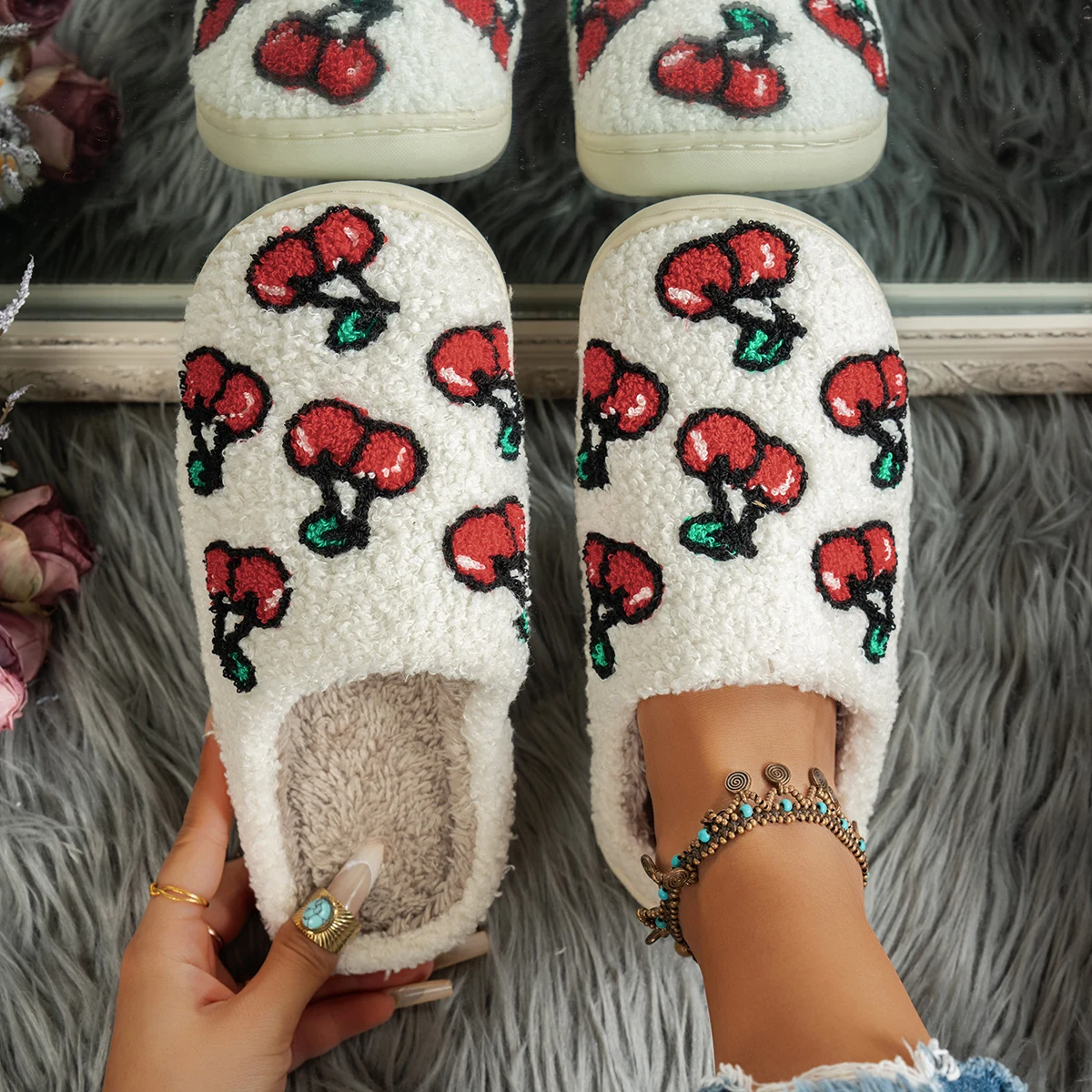 Cute Fruit Cherry Pattern Slippers Girl's Bedroom Comfy Winter Indoor Casual Warm Soft Women Interesting Plush Home Shoes