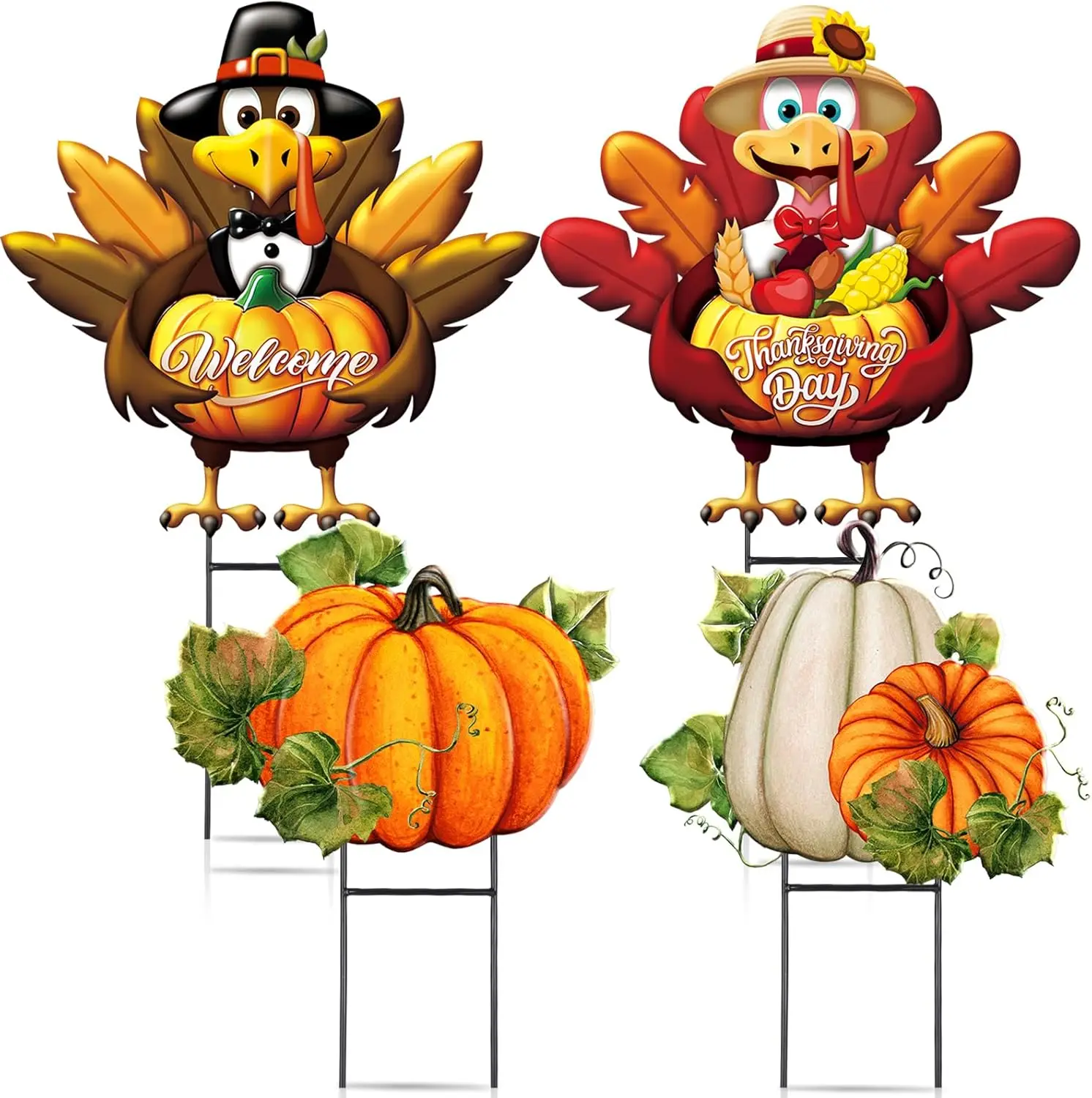 

4 Pcs Thanksgiving Turkey Metal Yard Decorations Outdoor Pilgrim Turkey Decorative Garden Stakes With Stakes Large Fall Pumpkin