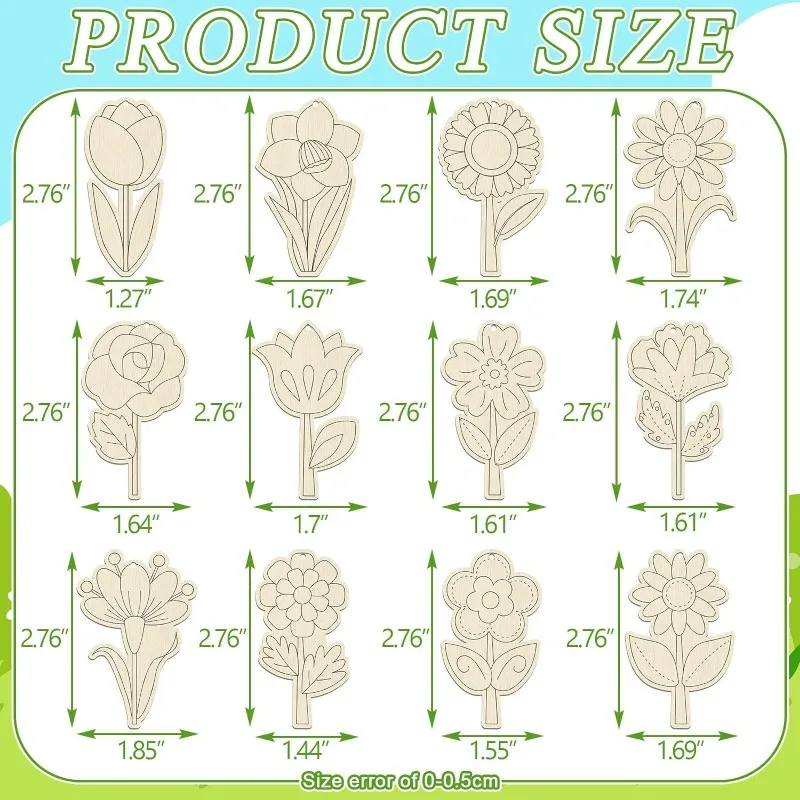 48 個子供用木製 DIY 手芸ペンダント春カラフルな花の形の吊り下げ装飾木製彫刻装飾