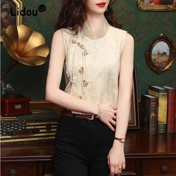 Women Vintage Chinese Style Stand Collar Elegant Shirt 2024 Summer Satin Jacquard Sleeveless Blouse Casual Slim Chic Tops Blusas