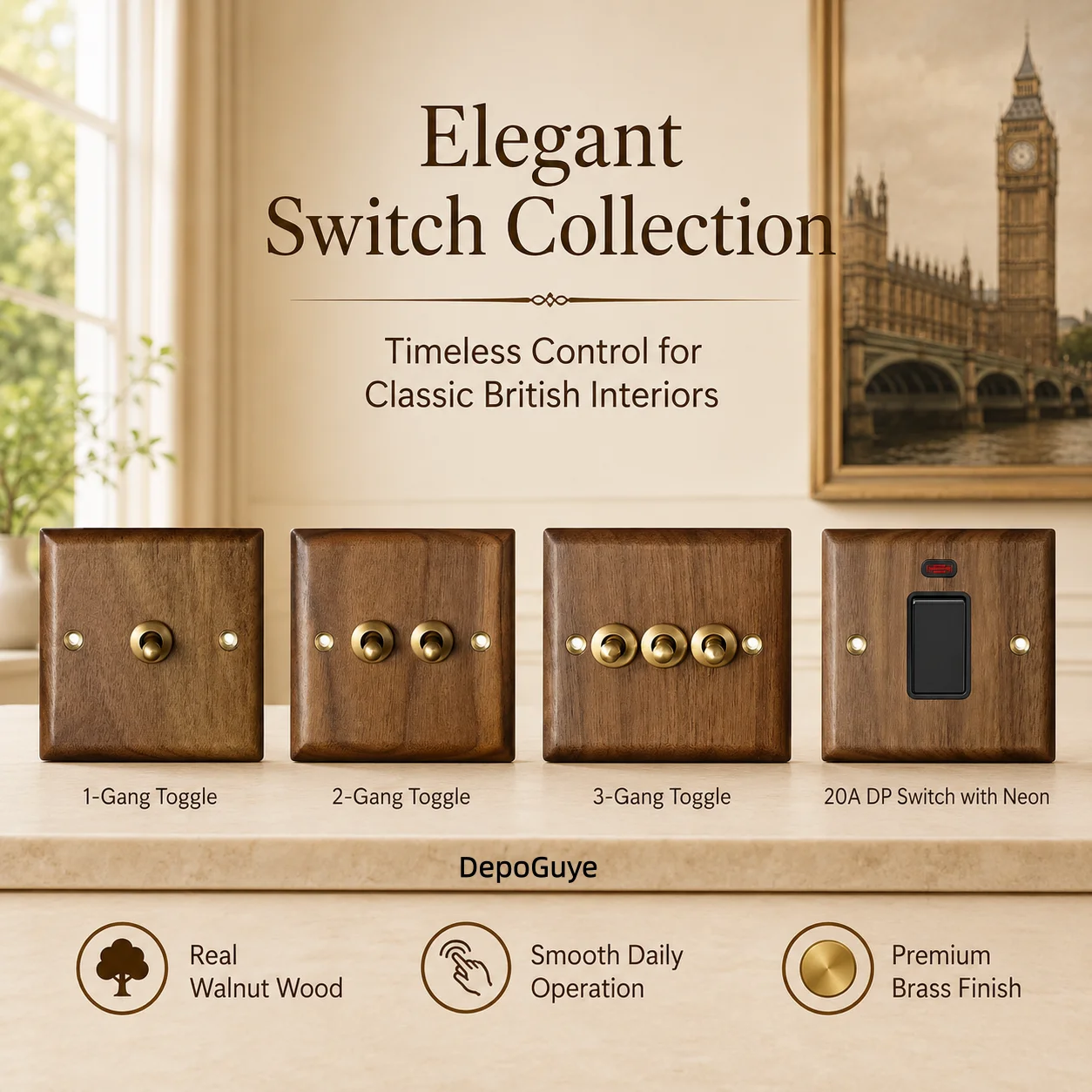 High Quality Retro Europe Type Vintage Wall Light Switch Socket, Solid Wood Brass Toggle Switch Plate, Antique Home Stay Switch