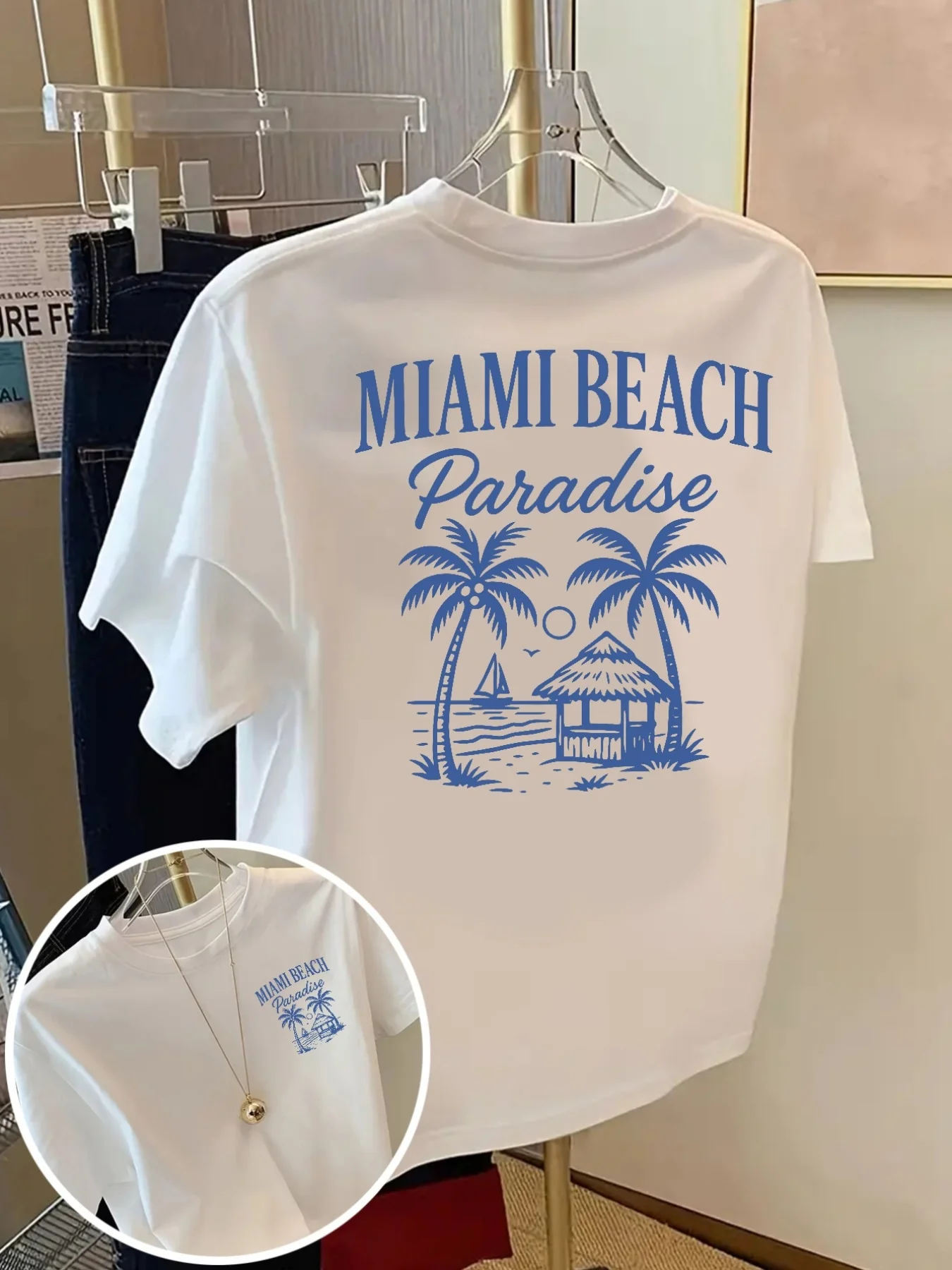 Women's Miami Beach Paradise White Crew Neck Top with Front and Back Prints(Palm Trees Waves and 