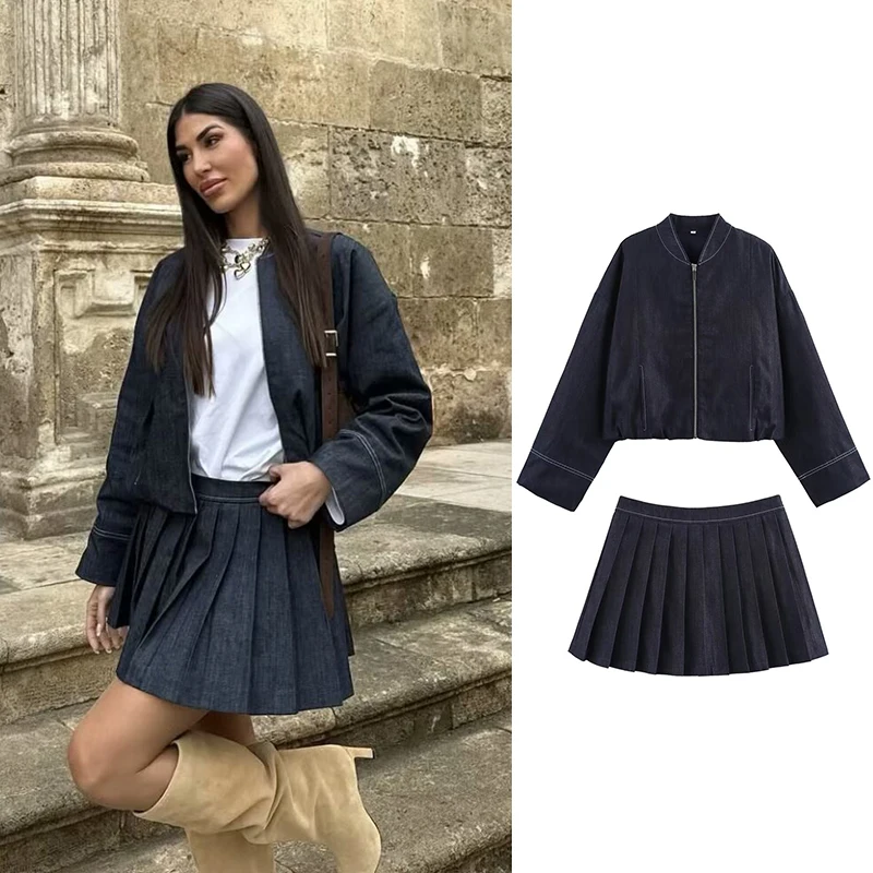 

TRAFZR 2025 Women’s Trendy Denim Set Cropped Jacket Pleated Skirt Denim Fabric Spring Summer Casual Street Party Daily Wear