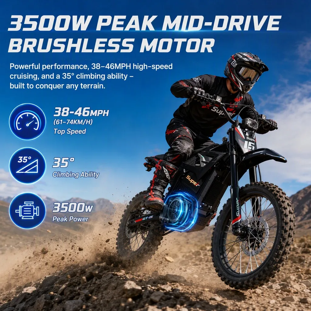 3500W Mid-Drive Electric Dirt Bike – 48V 20.8Ah, 53-Mile Range, 35° Hill Climb, 3 Ride Modes, Off-Road Ready