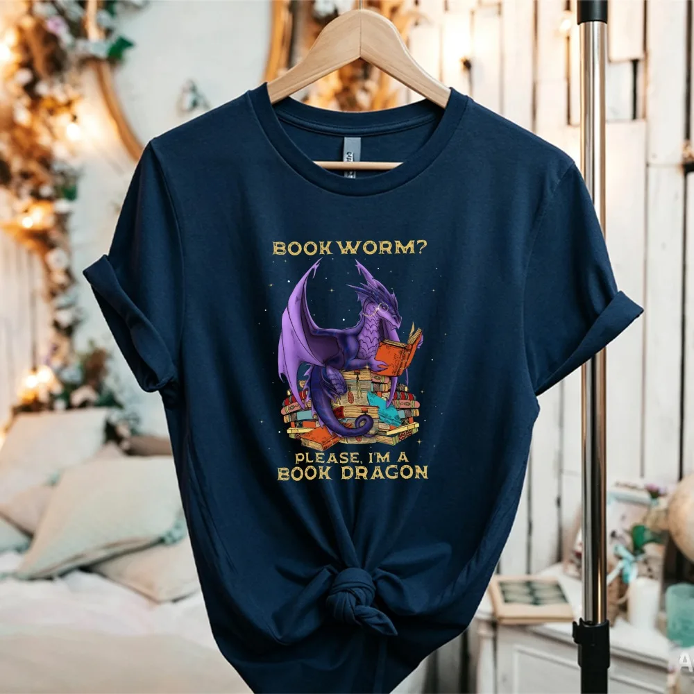 Women Book Worm Please I'm A Book Dragon Purple Dragon Reading Books Graphic T Shirt Fantasy Book Lover Short Sleeve Cotton Tee