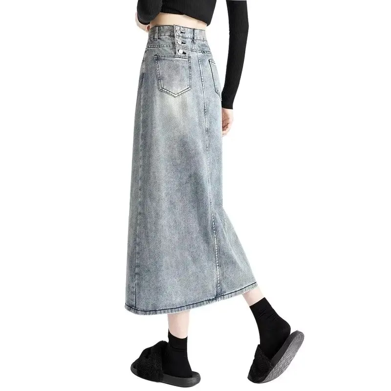 Korean Style Denim Skirt Women\'s Retro Blue High Waist Long A-line Skirt Design Sense Niche Long Skirt