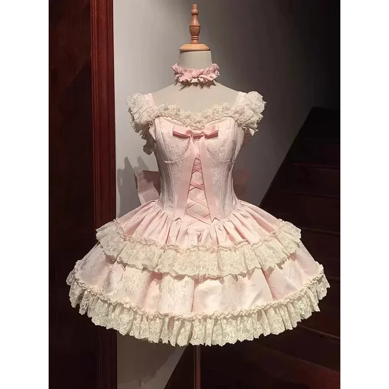 

Japanese Sweet Lolita Style Princess Dress Women Kawaii Cute Lace Bow Slim Mini Dresses Elegant Y2k Harajuku Evening Party Dress