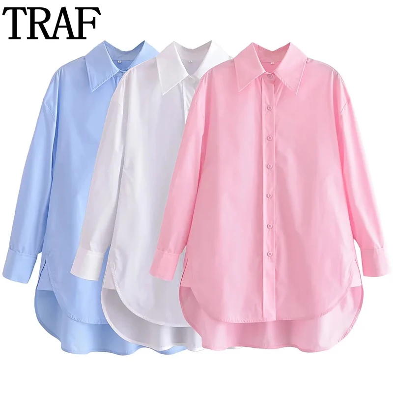 TRAF Womens Blouses Blue Long Shirt Women Korean Style Long Sleeve Pink Top Female Summer Button Up Oversize White Woman Blouse