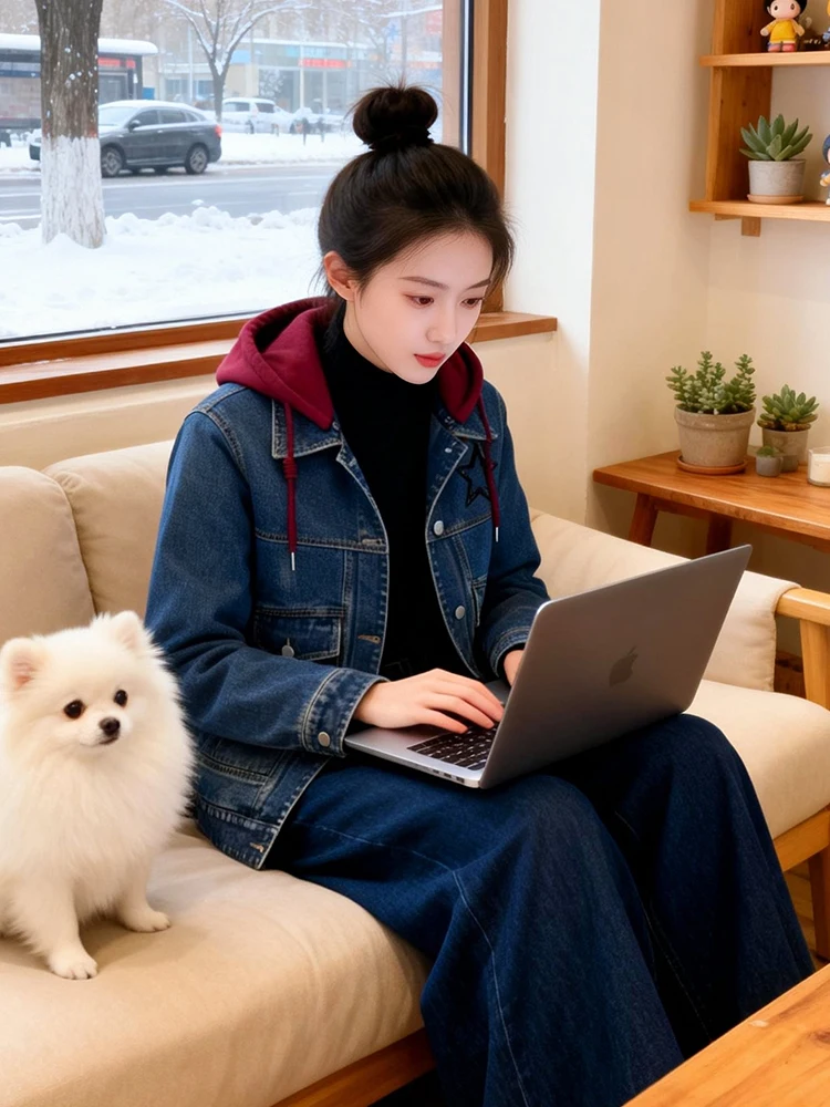 Slim Fit Denim Jaet Dames Faionable Kapmantel Veelzijdig Gewichtsverlies Jaet Long Sve Thiened Casual Bovenkleding