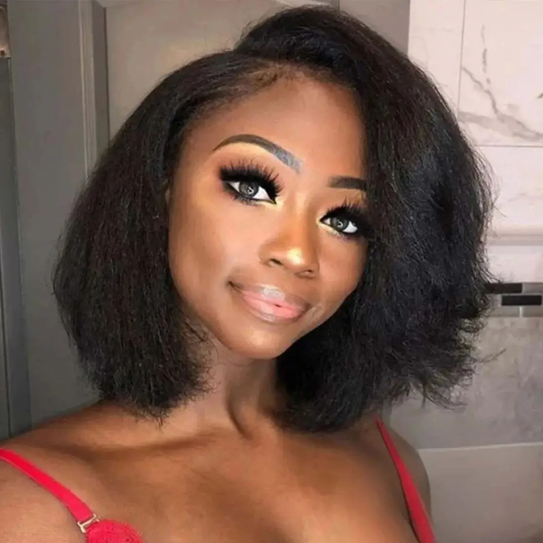 

200 Density Short Kinky Straight 13x4 Lace Frontal Wigs For Women PrePlucked Yaki Straight Bob Wig Human Hair Transparent Lace