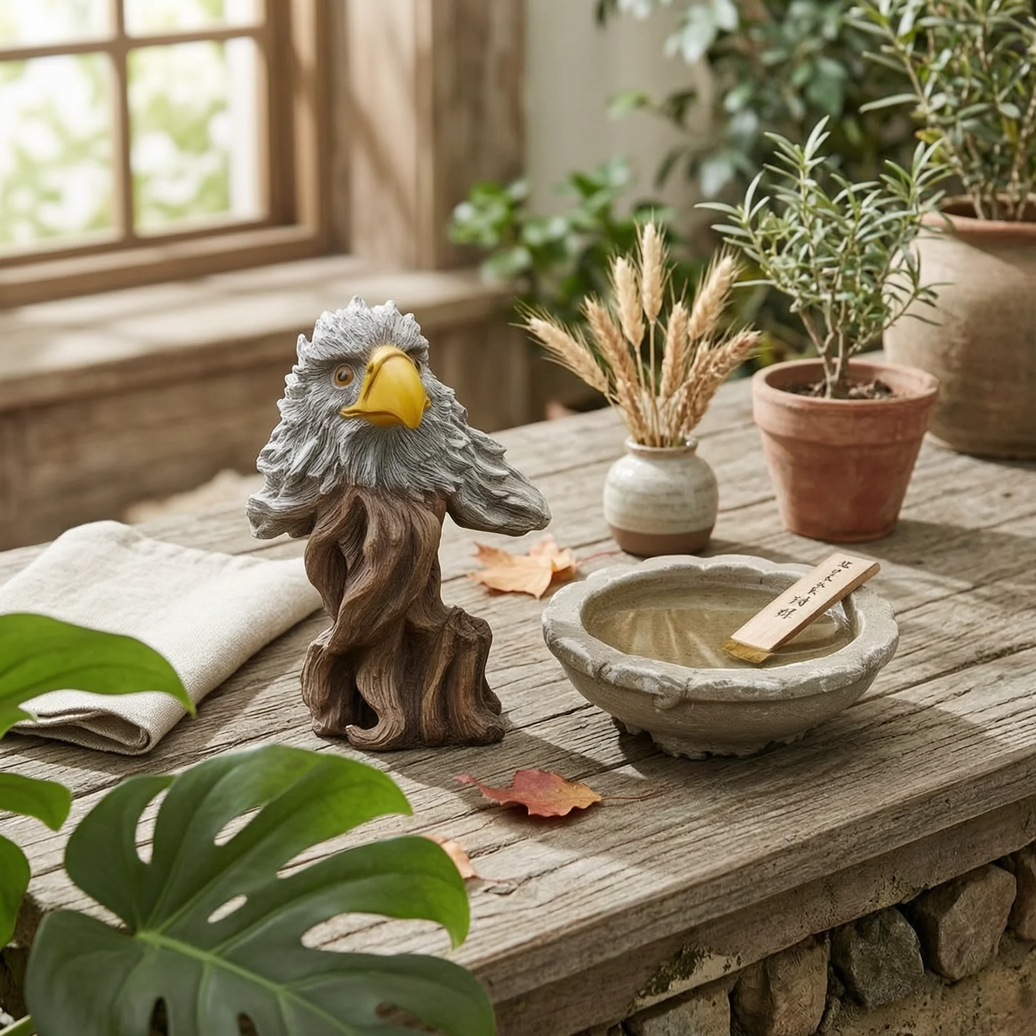 Exquisite Details Resin Owl Figurine Natural Finish Decorative Home Decor Wood-Grain Owl Ornament for Display