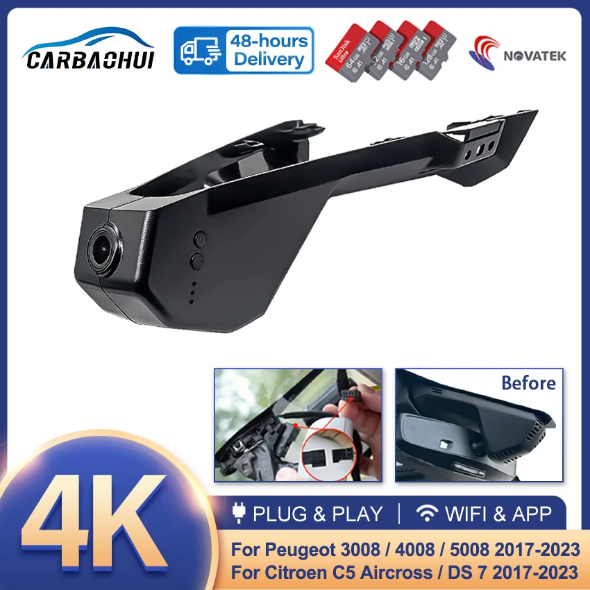 4K HD Plug And Play Dashcam Wifi Car DVR Camera For Peugeot 3008 4008 5008 DS 7 DS7 For Citroen C5 Aircross 2017-2023 Dash Cam