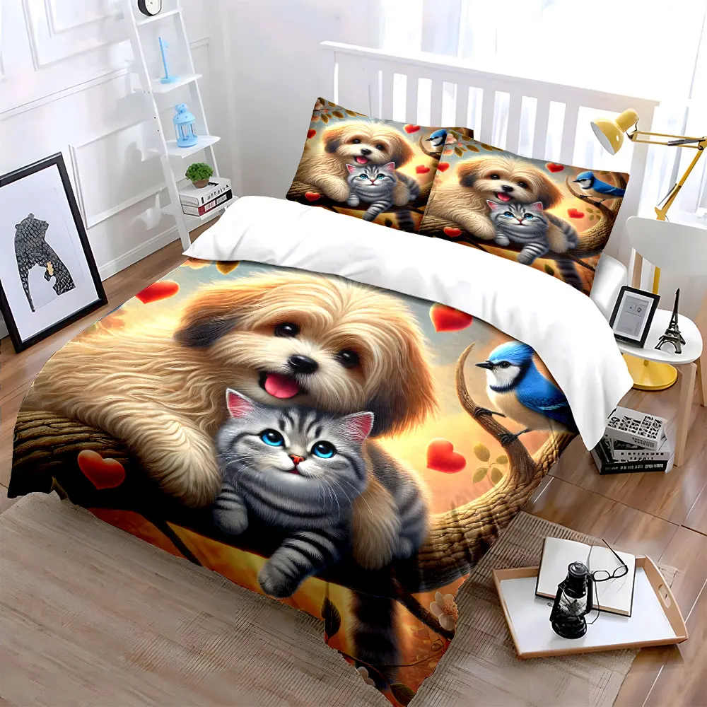 Dog and Cat Together Printed Duvet Cover Set 1 Duvet Cover+2 Pillowcase Multi Size Bedroom Bedding Decor Machine Washable