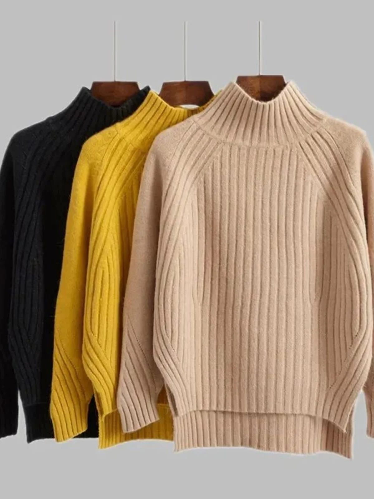 

Women's Autumn Winter f High Collar Side Open Knitted Sweater Street Sle Loose Fit Long Sve Warm Thiened Color
