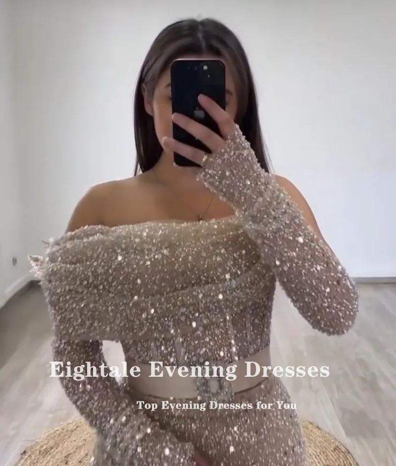 Eightale Luxury Evening Dresses Customized One Shoulder Long Sleeves Belt Champagne Sequined Mermaid Prom Gowns Robe De Soirée