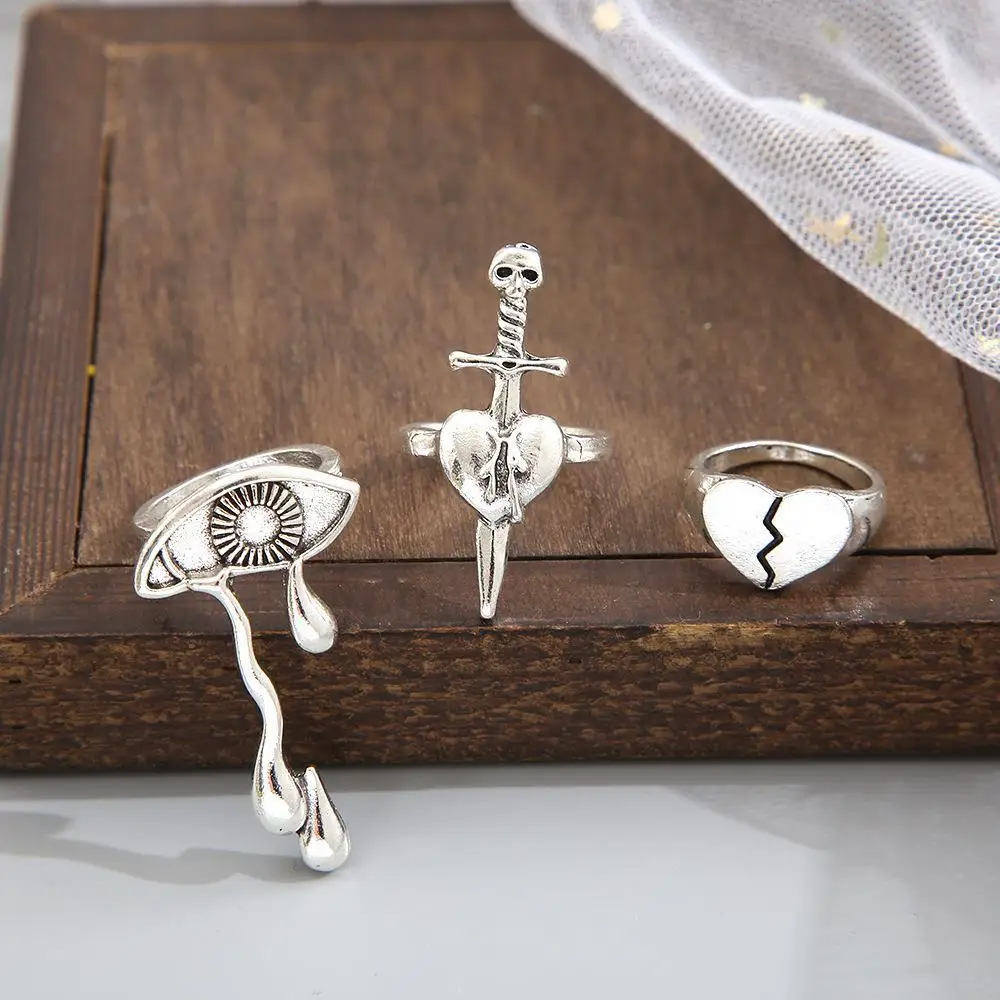 Vintage Gothic Eyes Tears Heart-Broken Ring Sets for Women Hip Hop Personality Butterfly Snake Joint Finger Ring Fashion Jewelry