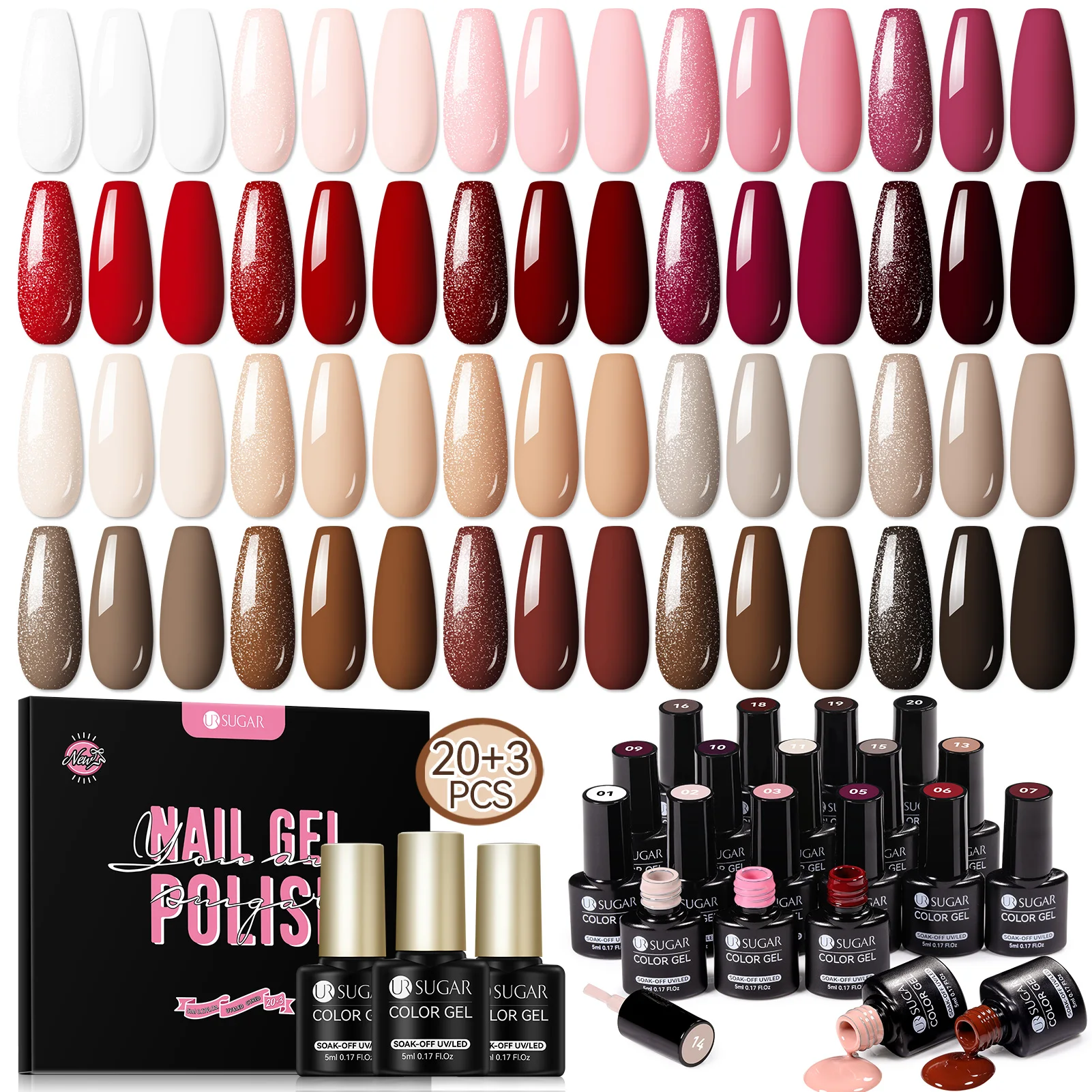 Ur SUGAR 23 peças conjunto de esmaltes em gel série nude vermelha com revestimento superior de longa duração outono fosco embeber off gel uv kit de manicure para unhas