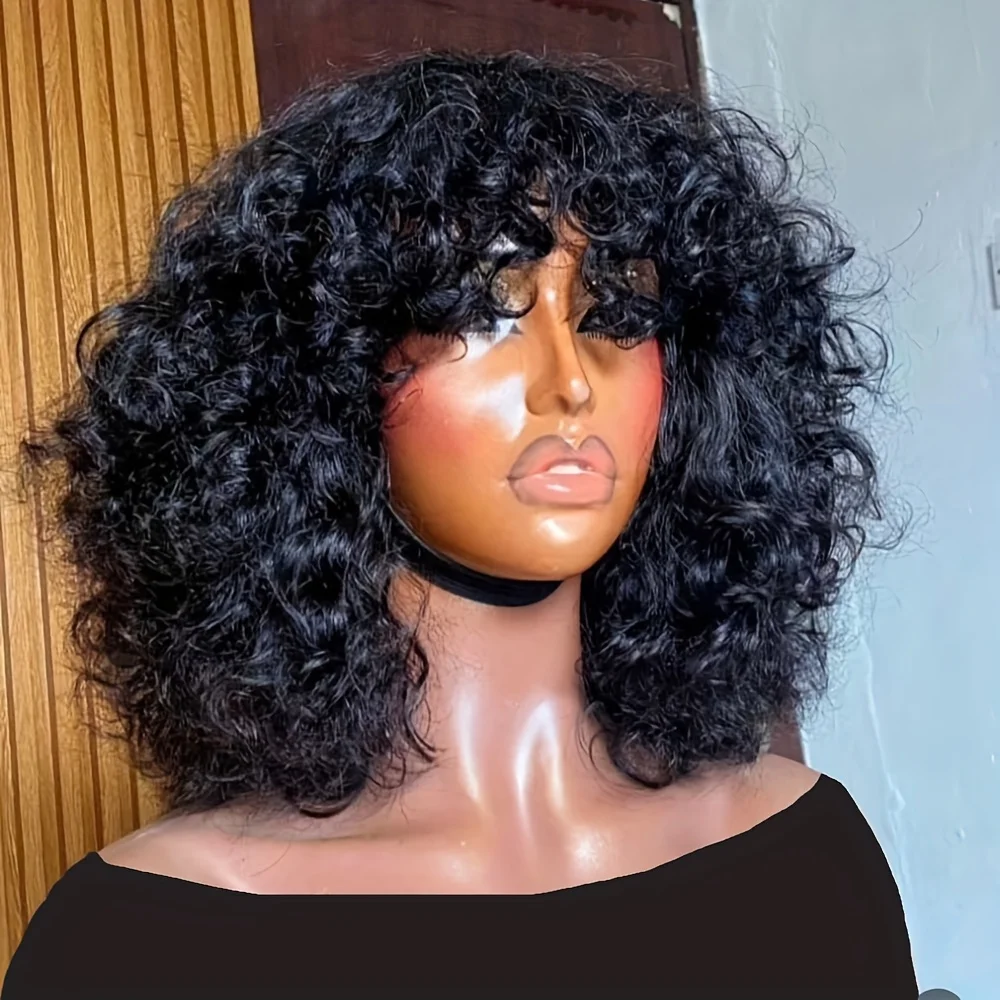 

12inches Fumi Loose Wave Human Hair Wig With Bangs 250% Density Full Machine Made Short Bob Wigs Brazilian Remy Hair for Women