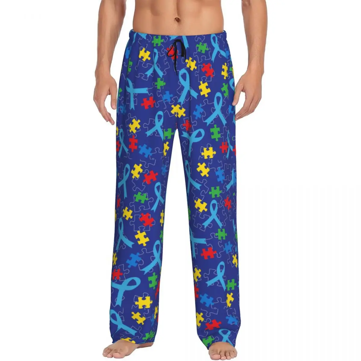 Custom Printed Autism Puzzle Piece Ribbon Pattern Pajama Pants Men's Sleep Sleepwear Bottoms with Pockets