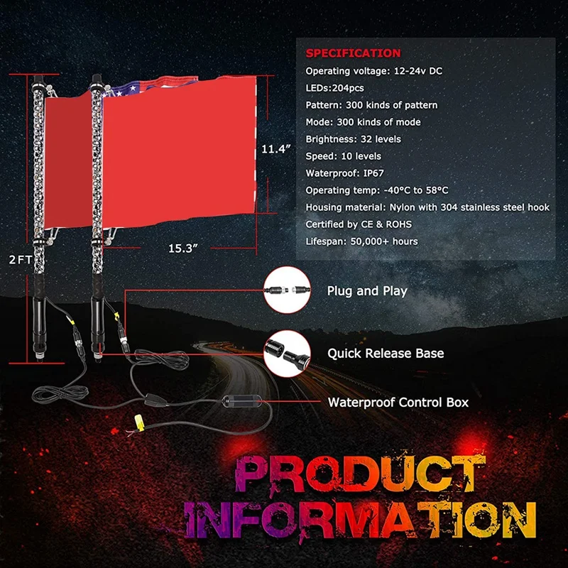 Осветительная спиральная лампа для мотоцикла, 12 В, 2 фута, антенна с флагом, лампа с дистанционным управлением для Jeep ATV UTV